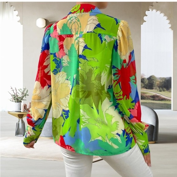 Women's Shirt Button Down Colorful Blouses Long Sleeve Floral Print new - Picture 4 of 6